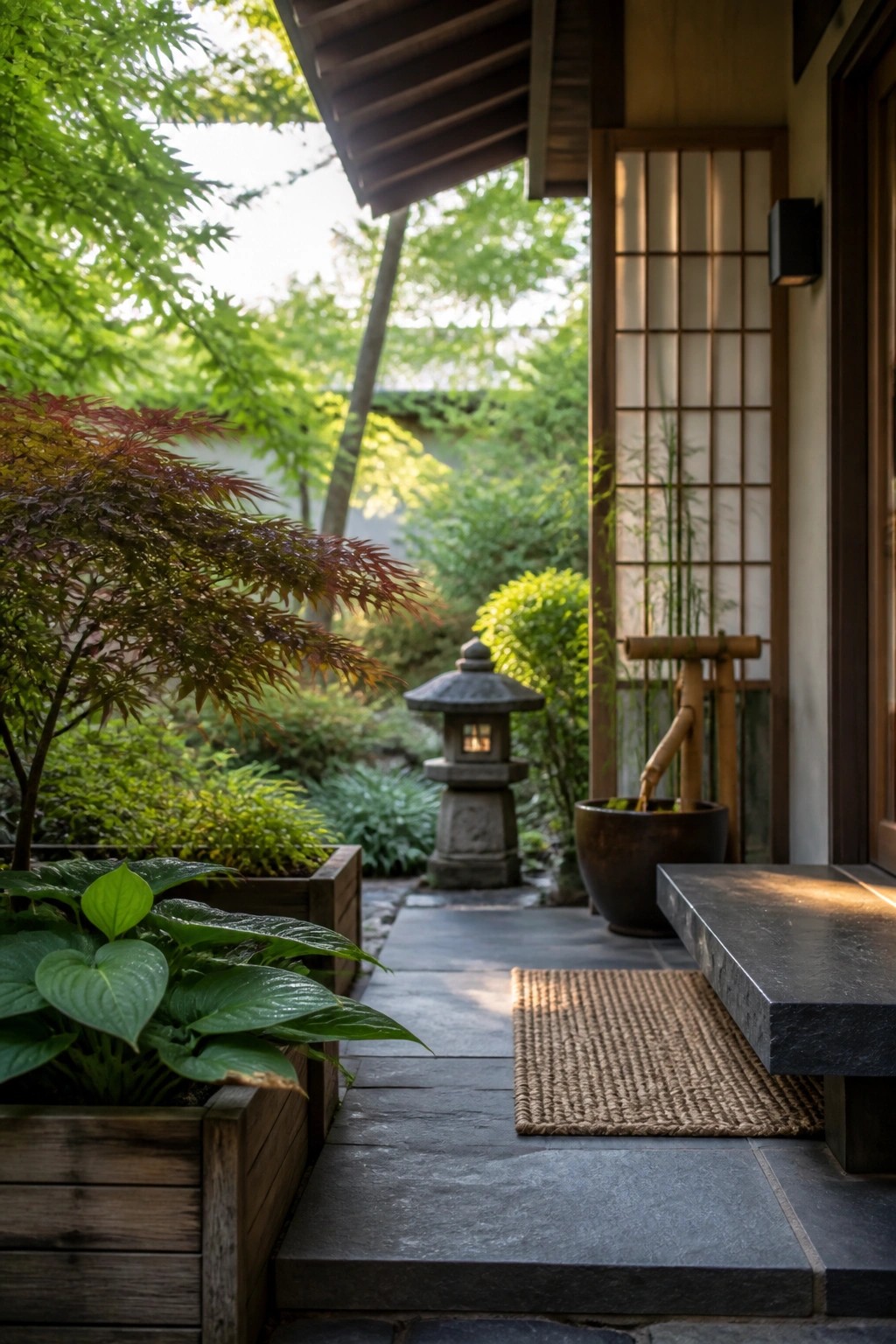 Stone porch with wooden planter boxes holding large green leafy plants, a woven mat on the steps, and a stone lantern visible in the background garden.