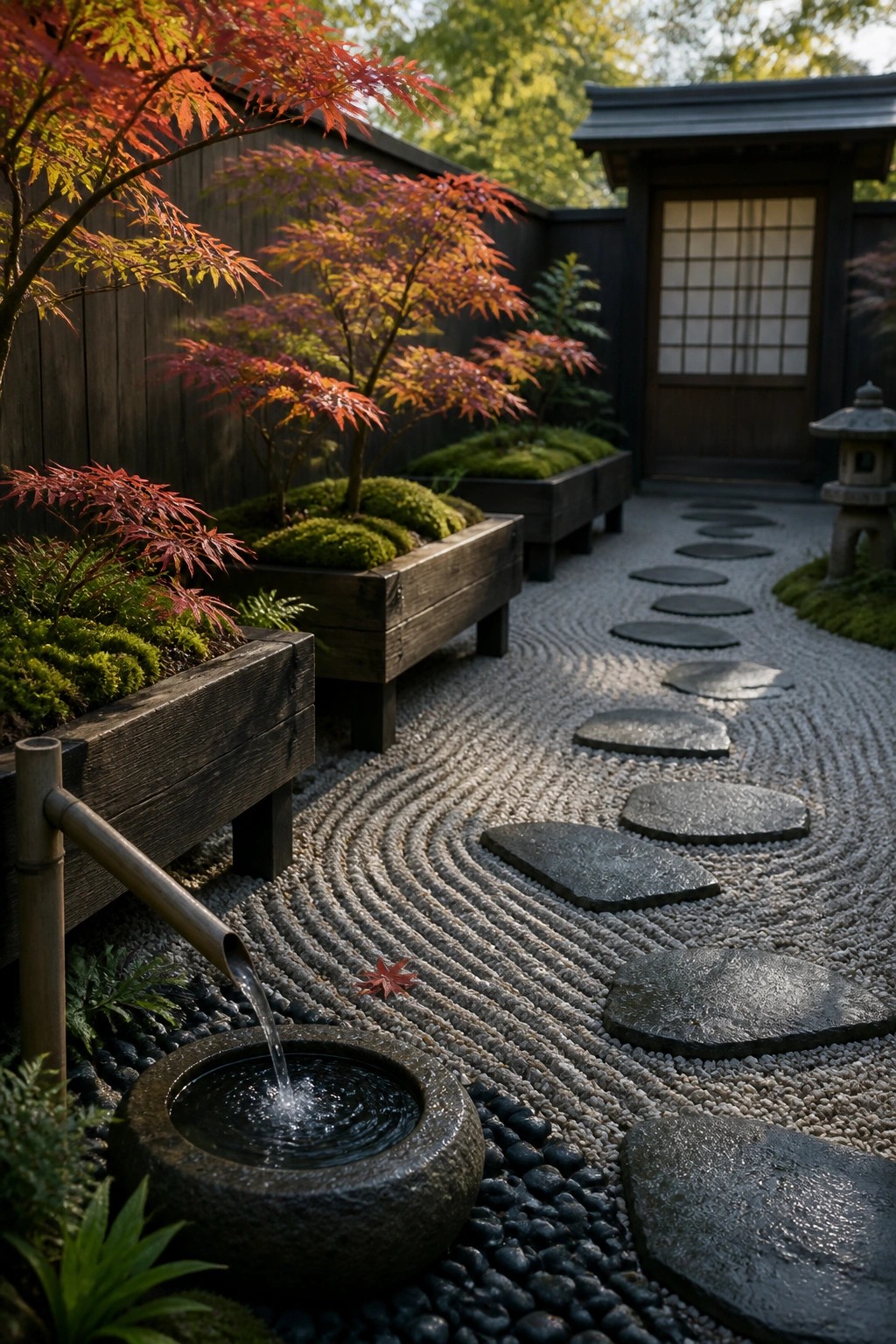 A garden scene with dark wooden raised beds containing red-leafed trees and green moss, positioned beside a raked gravel path with irregular stepping stones and a stone water basin fed by a bamboo spout.