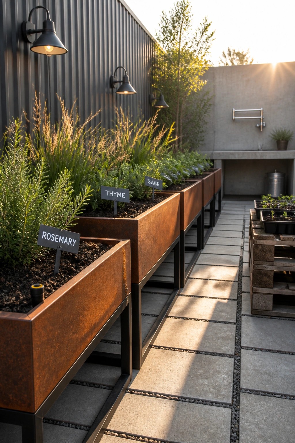A row of elevated rusted metal raised garden beds labeled with rosemary, thyme, and sage, set along a paved path beside a building wall.