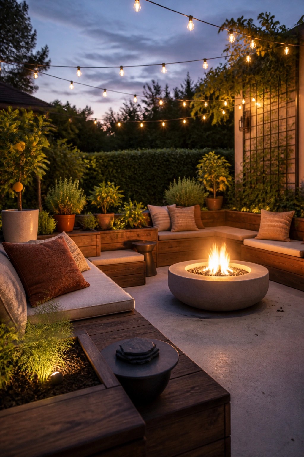 An outdoor patio at dusk with L-shaped wooden bench seating integrated with raised garden beds, a round concrete fire pit, and string lights overhead.