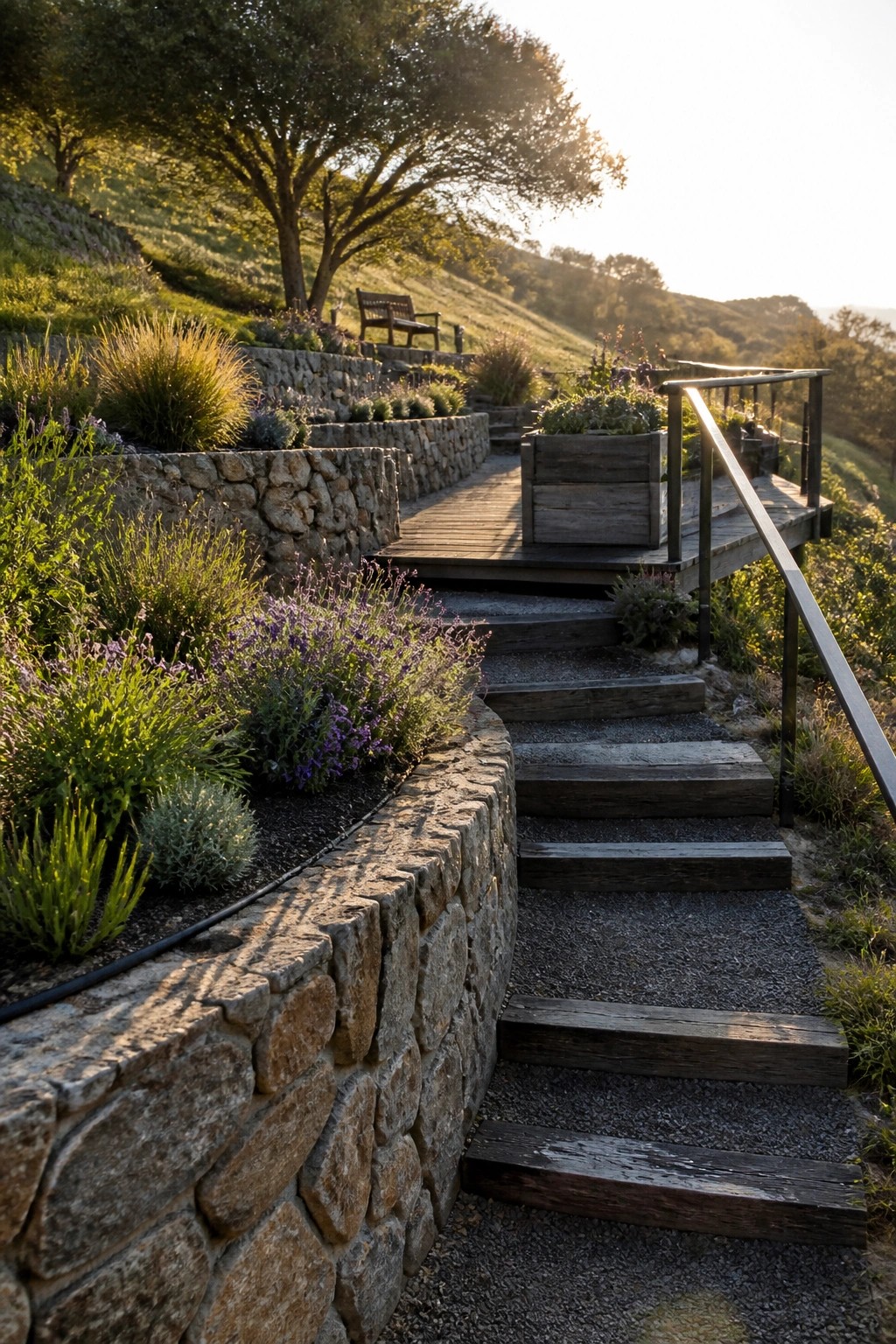 A hillside garden with multiple levels of stone retaining walls forming raised beds, wooden stairs and a small deck, and various plants and trees.