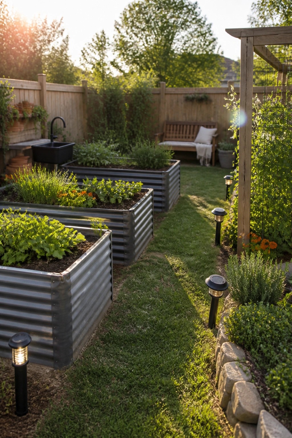 Backyard garden with several corrugated metal raised beds along a grass path, solar lights, and a wooden fence in the background.