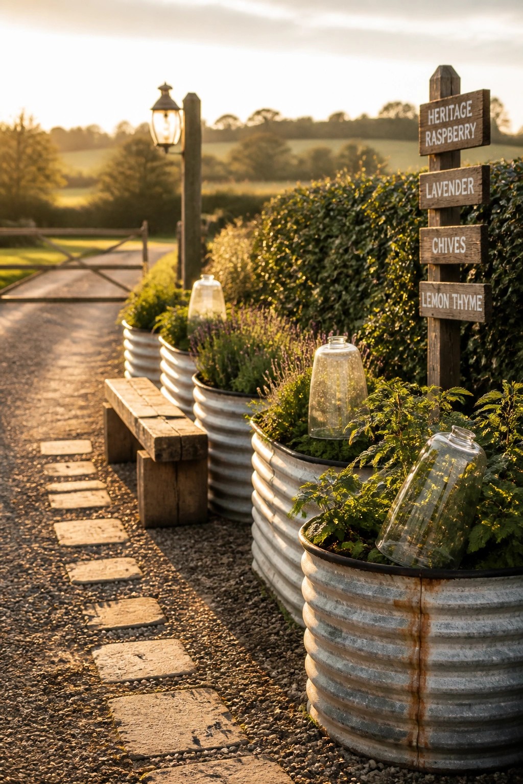 A gravel garden path runs beside several large corrugated metal raised beds planted with lavender, herbs, and leafy greens, with wooden signs labeling the plants.