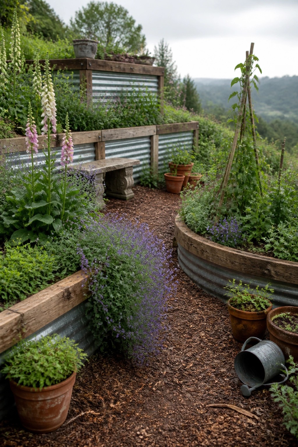 A winding garden path bordered by raised beds made of corrugated metal and wood, with various plants, flowers, and terracotta pots.