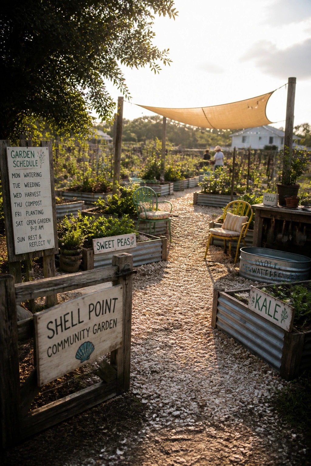 A gravel path winds through an outdoor community garden lined with corrugated metal raised beds, wooden signs, and a few chairs under a shade sail.