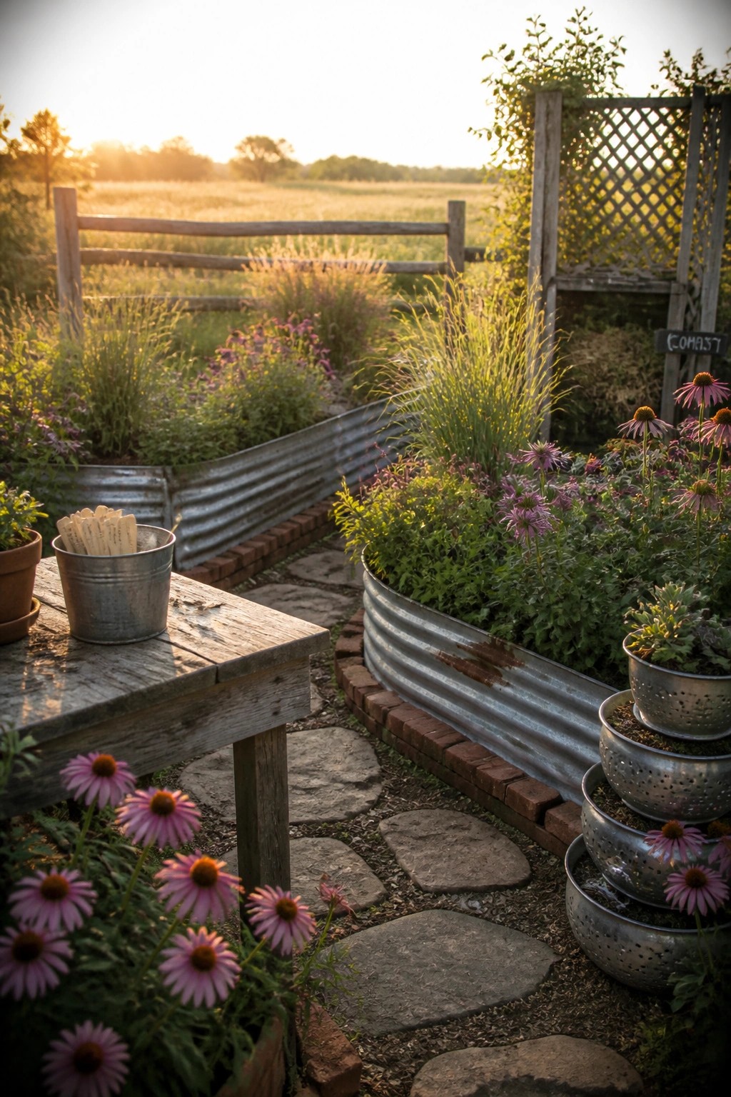 A garden scene with curved raised beds made of corrugated metal, filled with flowers and plants, next to a stone path and a wooden table holding a metal bucket.