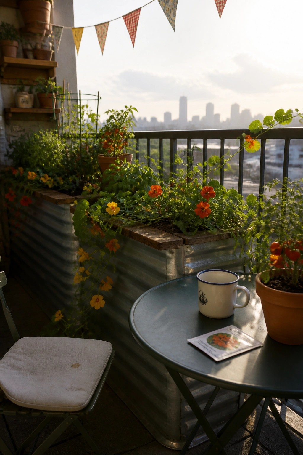 A balcony scene with a long corrugated metal raised bed filled with green plants and orange flowers, a round metal table holding a white mug, and a city skyline visible beyond the railing.