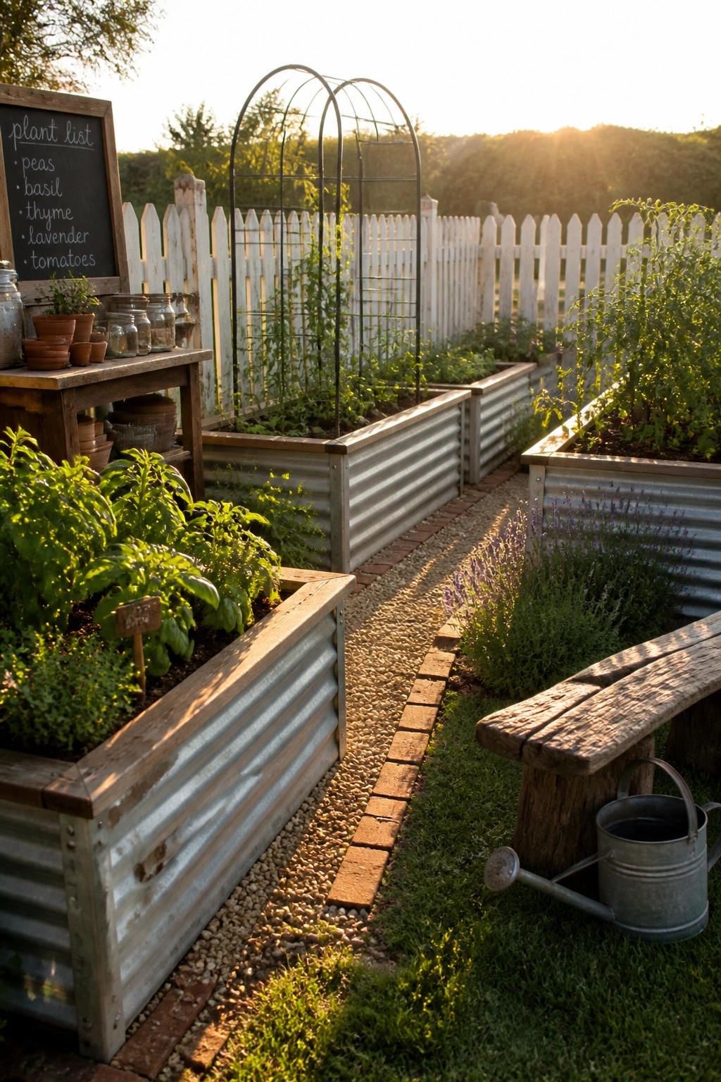 A backyard garden with several raised beds framed in corrugated metal and wood, filled with vegetables and herbs, set beside a gravel path, wooden bench, and white picket fence.