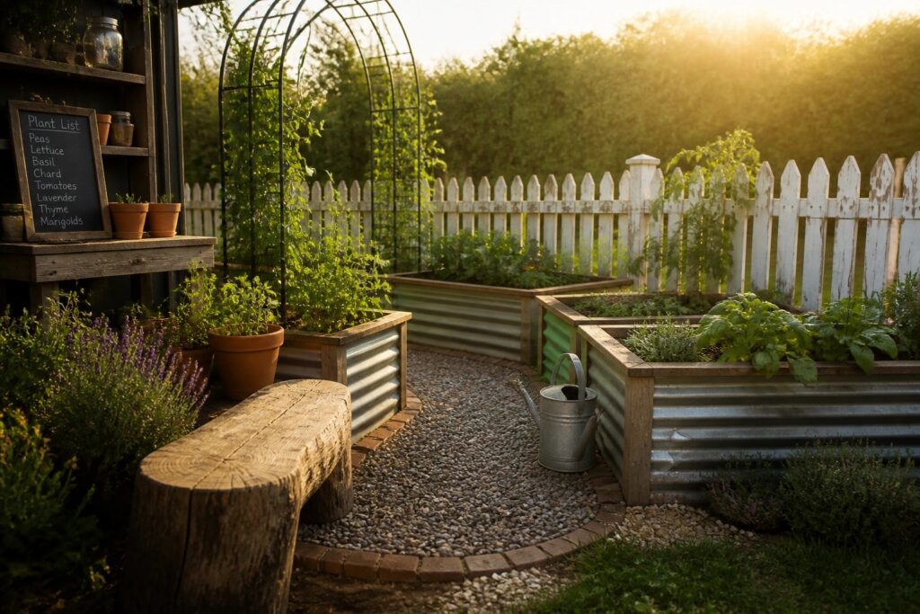 22 Fresh Corrugated Metal Raised Beds for Farmhouse Garden Style A backyard garden with several raised beds framed in corrugated metal and wood, filled with vegetables and herbs, set beside a gravel path, wooden bench, and white picket fence.