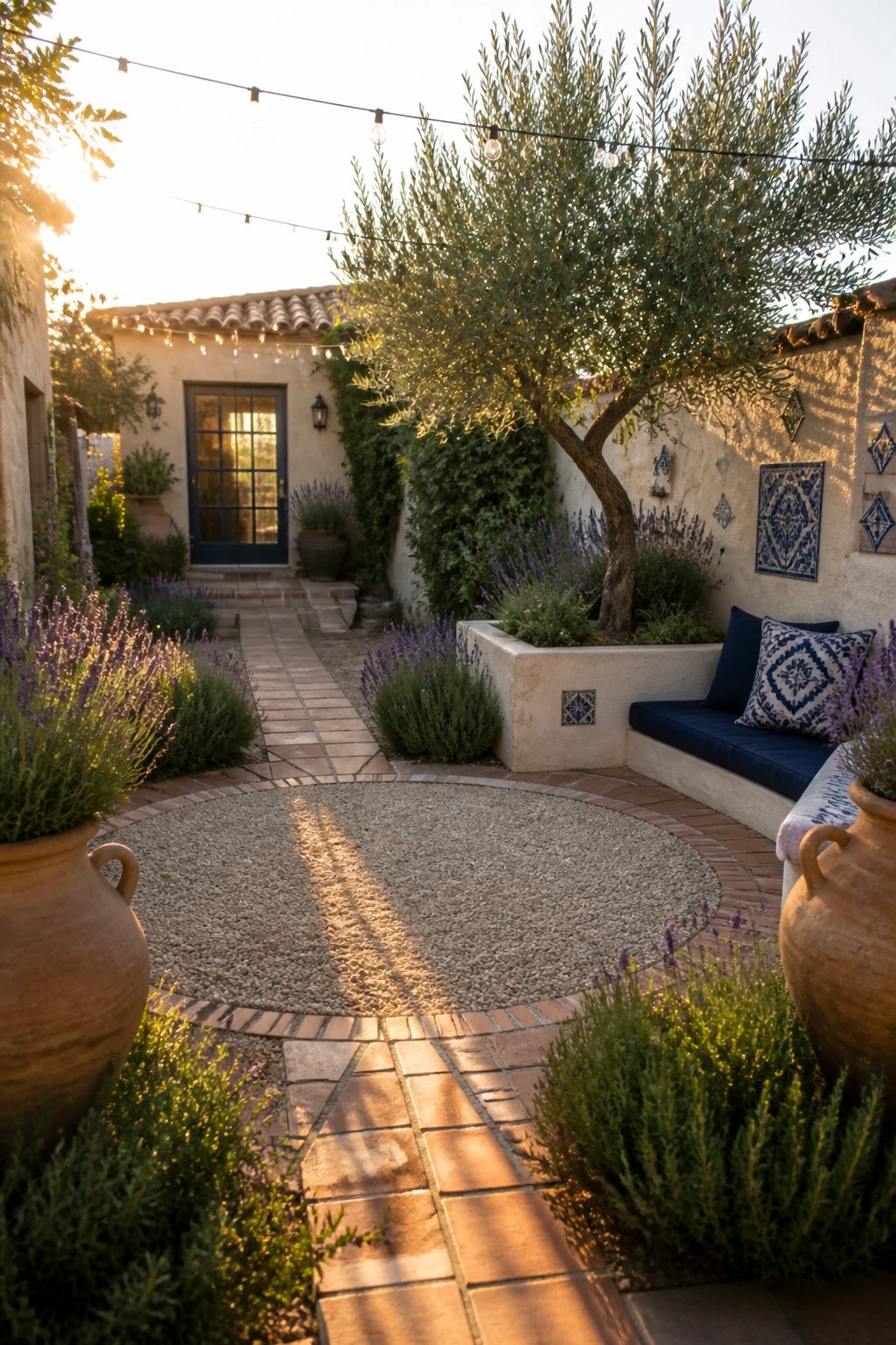 A small garden with a circular gravel area bordered by bricks, connected by a stone path, surrounded by lavender plants, terracotta pots, and a built-in bench against a stucco wall.