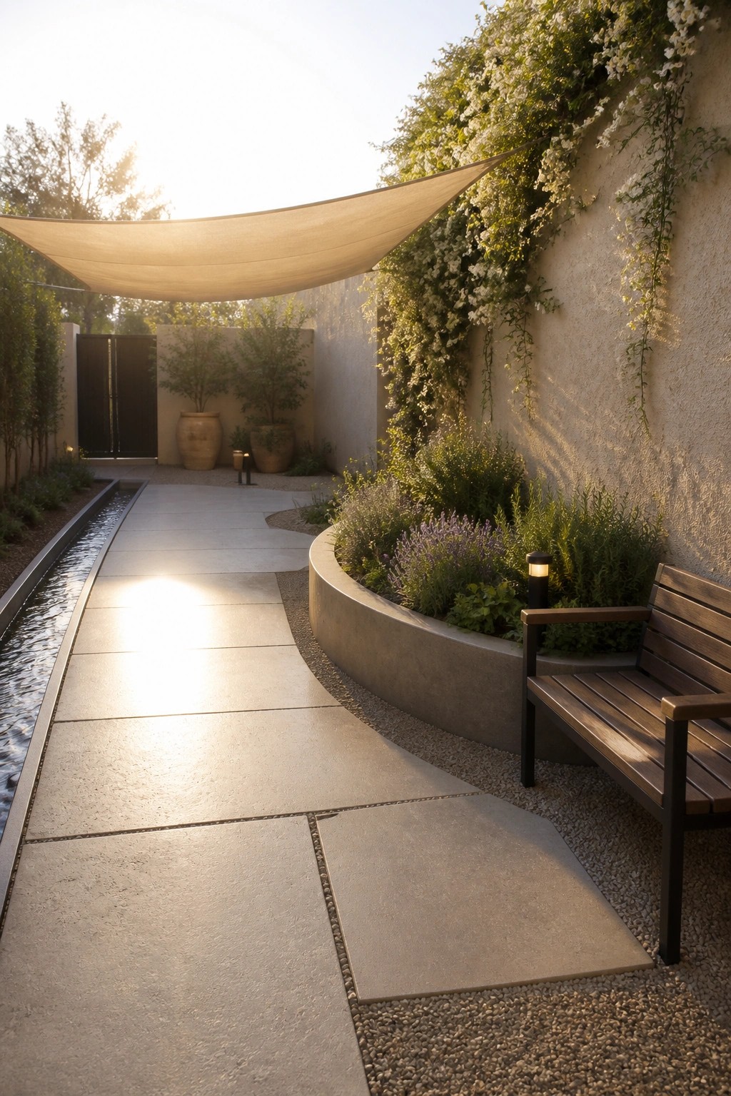 A concrete pathway curves through a narrow garden beside a water channel on the left and a raised curved planting bed with shrubs and a wooden bench on the right.