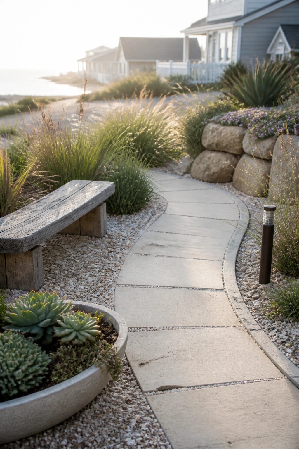 A curving stone path runs through gravel beside a wooden bench, potted succulents, and a low stone retaining wall with coastal houses in the background.