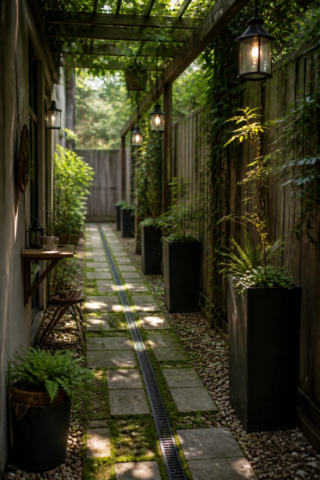 Narrow stone path lined with potted ferns, mossy pavers, and glowing lanterns
