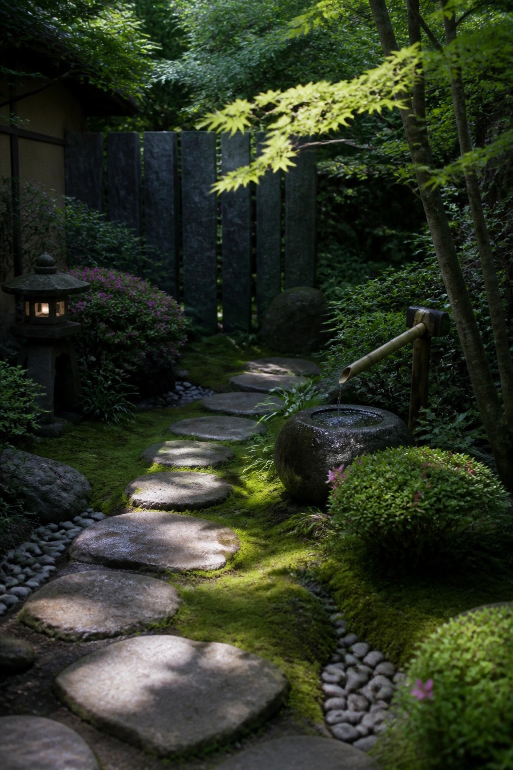 A garden path of large flat stepping stones curves through moss-covered ground beside a stone lantern, flowering shrubs, and a stone water basin with a bamboo spout.