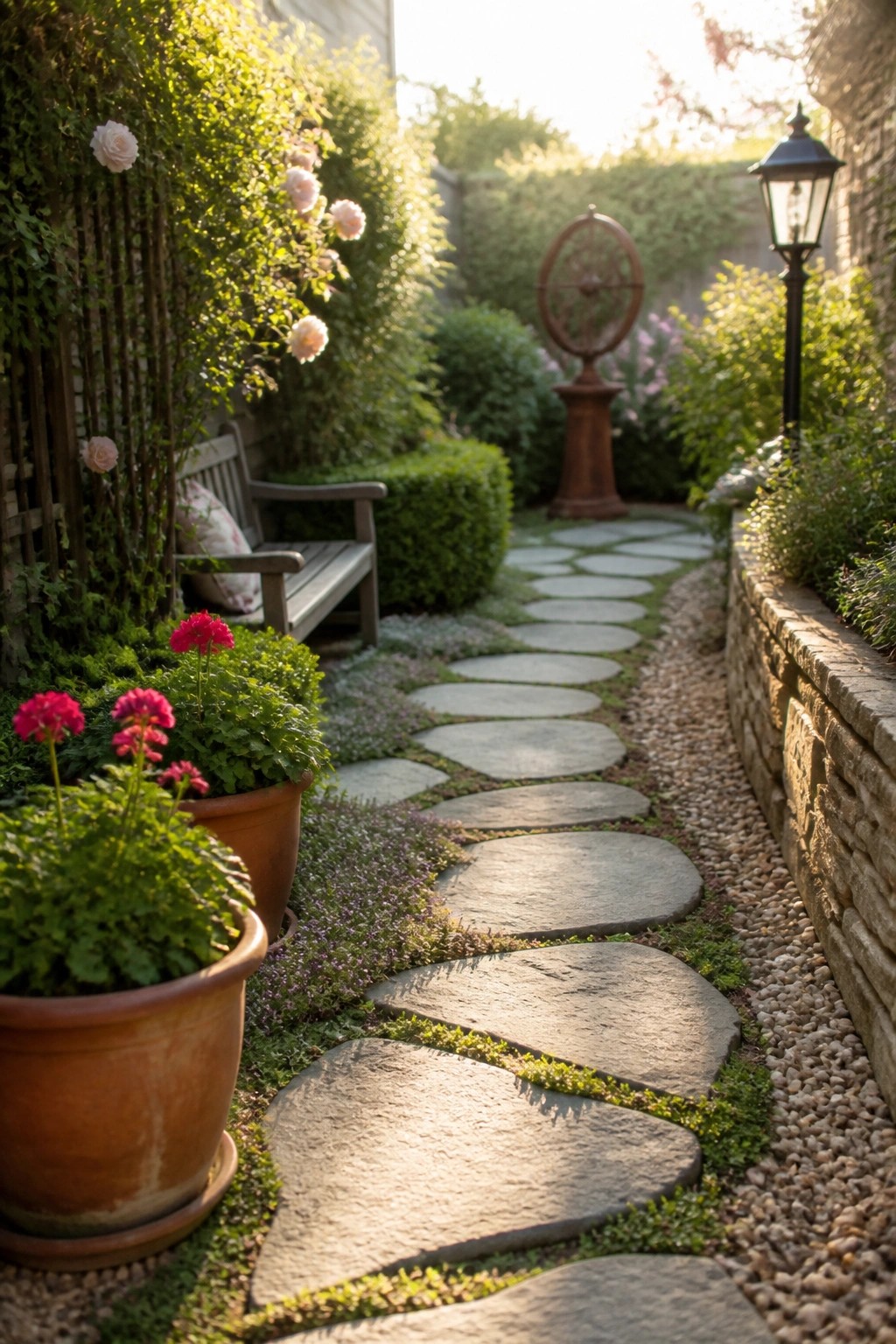 A narrow garden walkway made of large irregular stepping stones curves between potted geraniums and a wooden bench, bordered by gravel and low plants with a stone lantern in the distance.