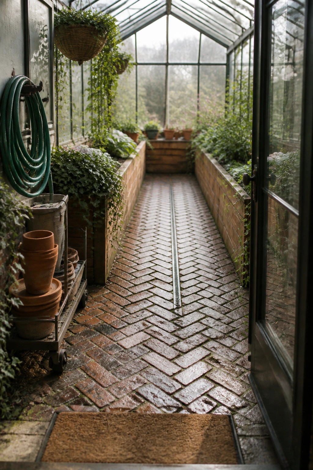 Interior view of a greenhouse showing a herringbone brick pathway with a central linear drain, flanked by raised plant beds and stacks of terracotta pots near the entrance.
