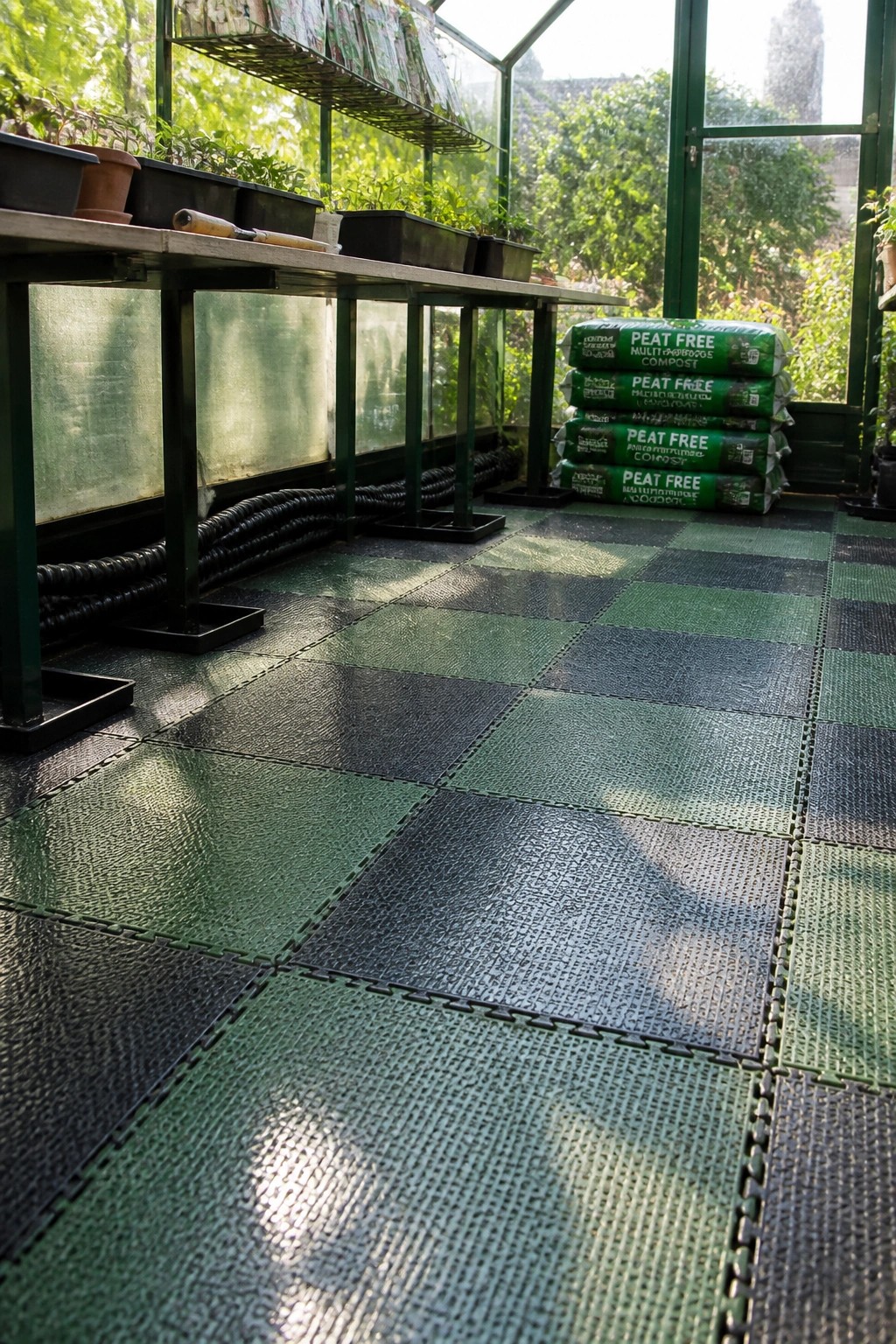 Greenhouse interior showing green and black interlocking floor tiles, work tables with seedlings, and stacked bags of compost.