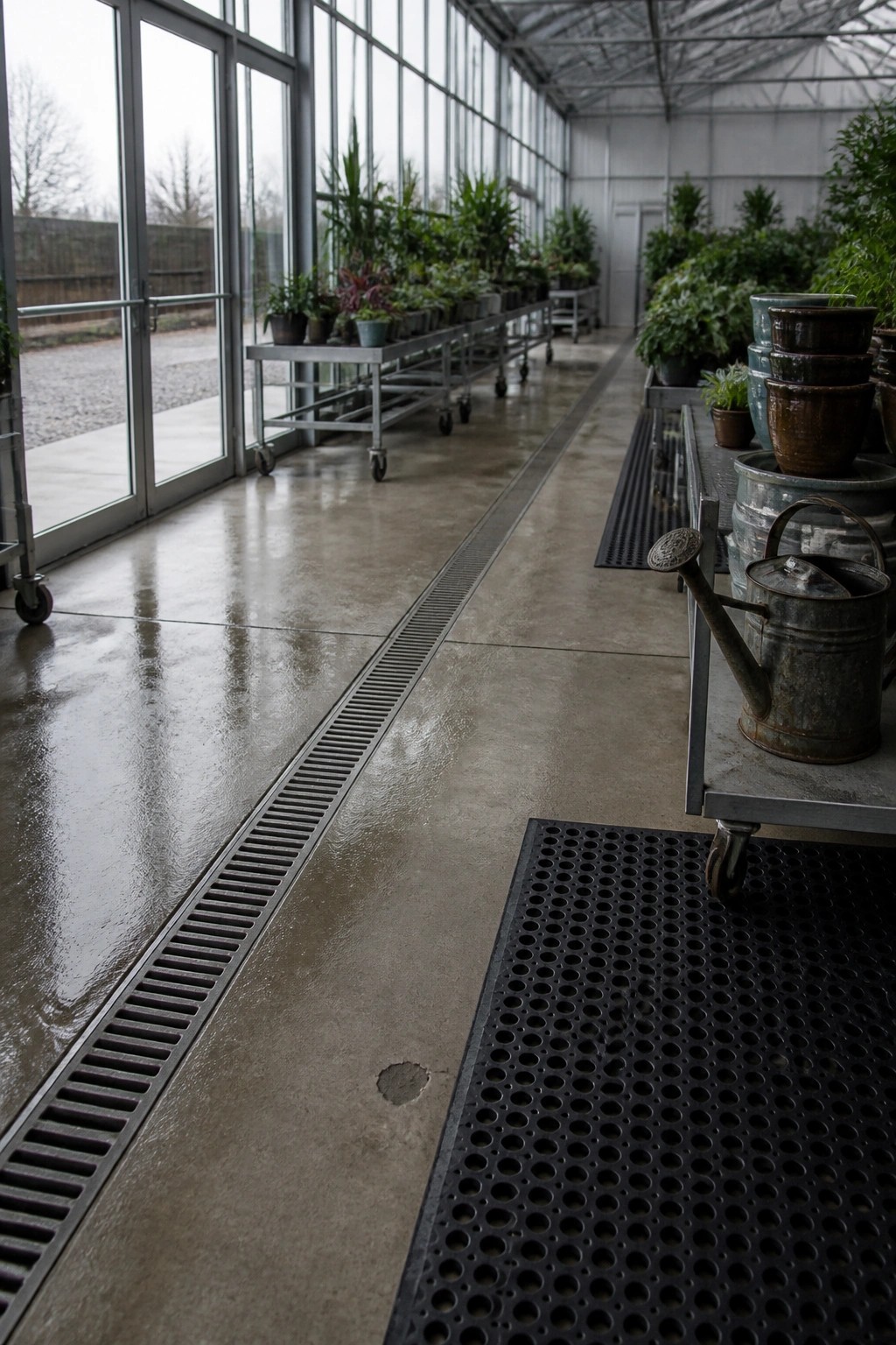 Wet concrete floor in greenhouse with plant trolleys, pots, and watering can