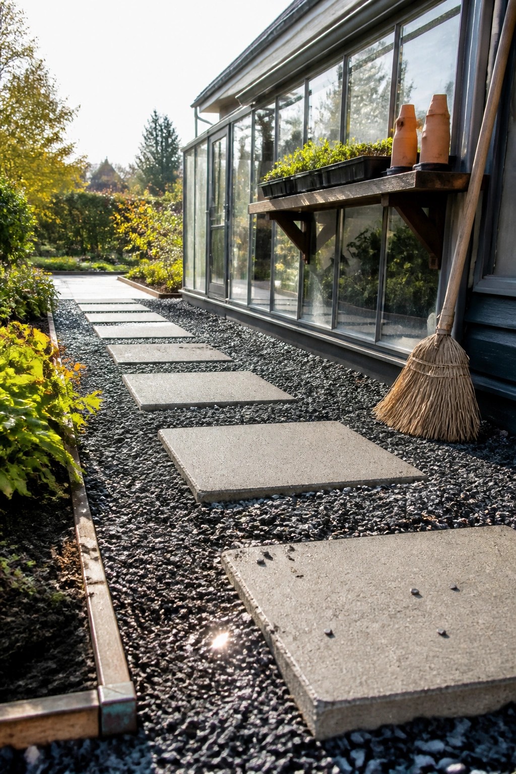 Garden path of concrete stepping stones beside greenhouse with seedlings and broom
