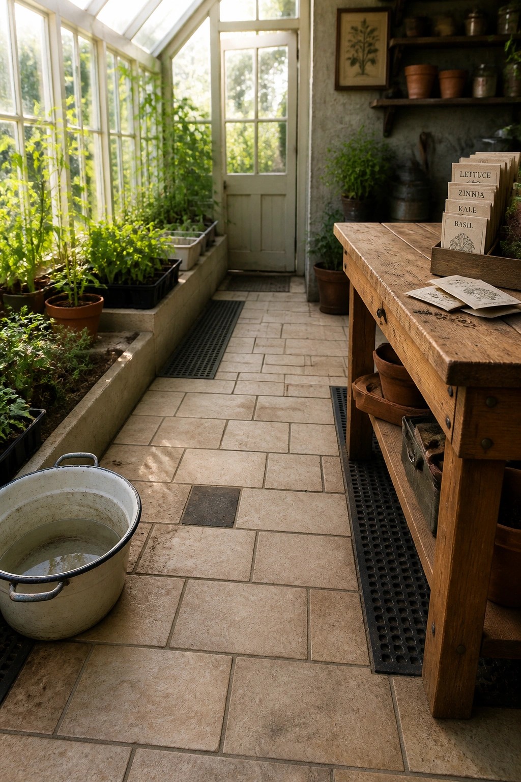 Rustic greenhouse with stone floors, wooden workbench, potted plants, and seed packets.
