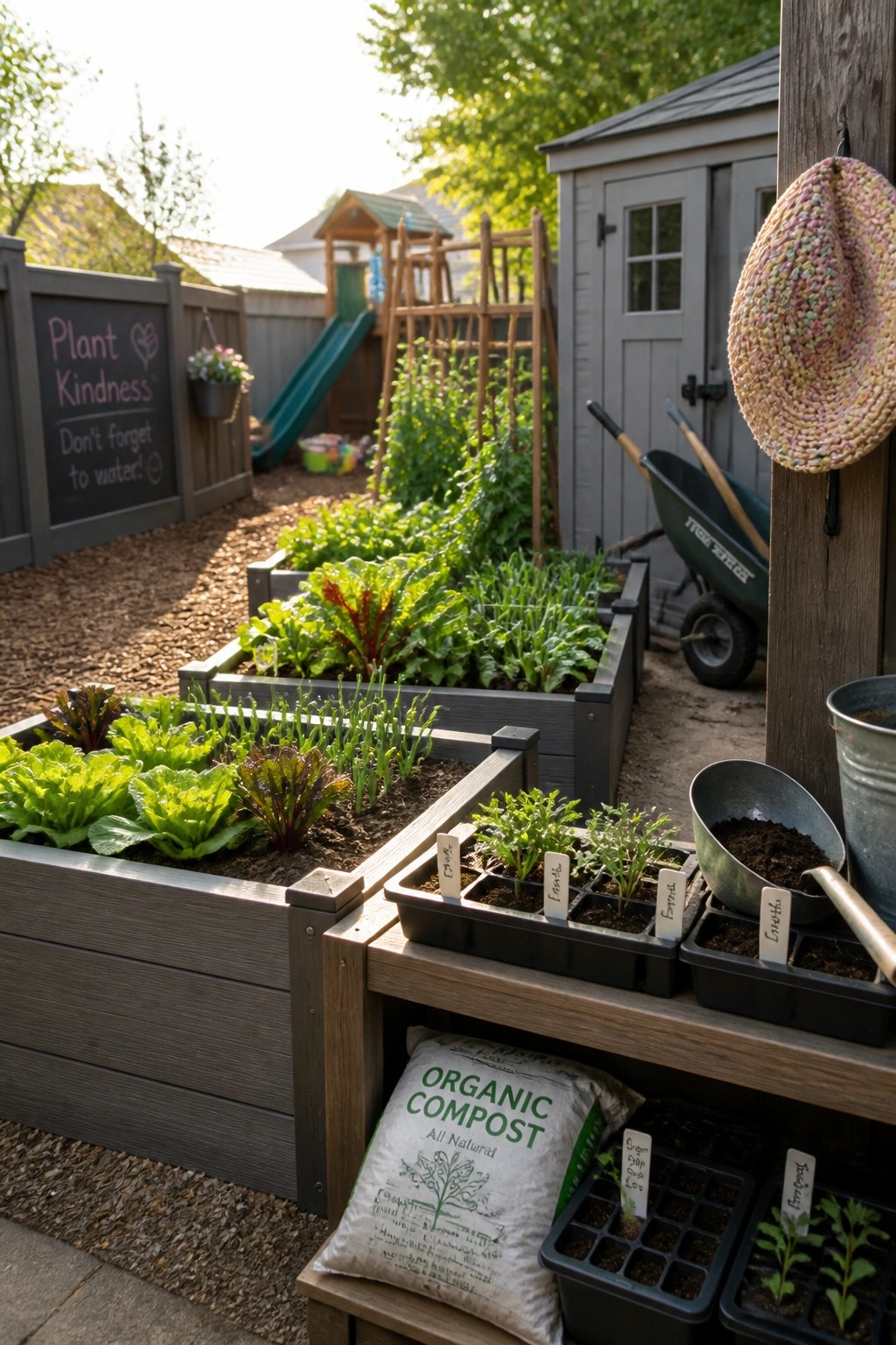 Lush raised garden beds with seedlings, compost bag, tools, and chalkboard sign.