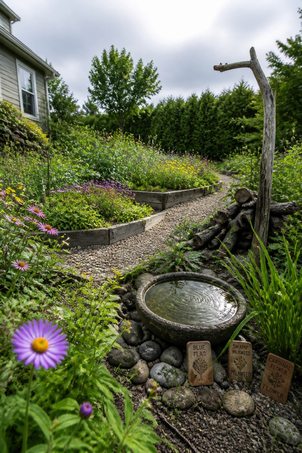 A backyard garden with wooden raised beds along a gravel path, various flowering plants, a stone birdbath, and three labeled wooden signs identifying blue flag, swamp milkweed, and cardinal flower.