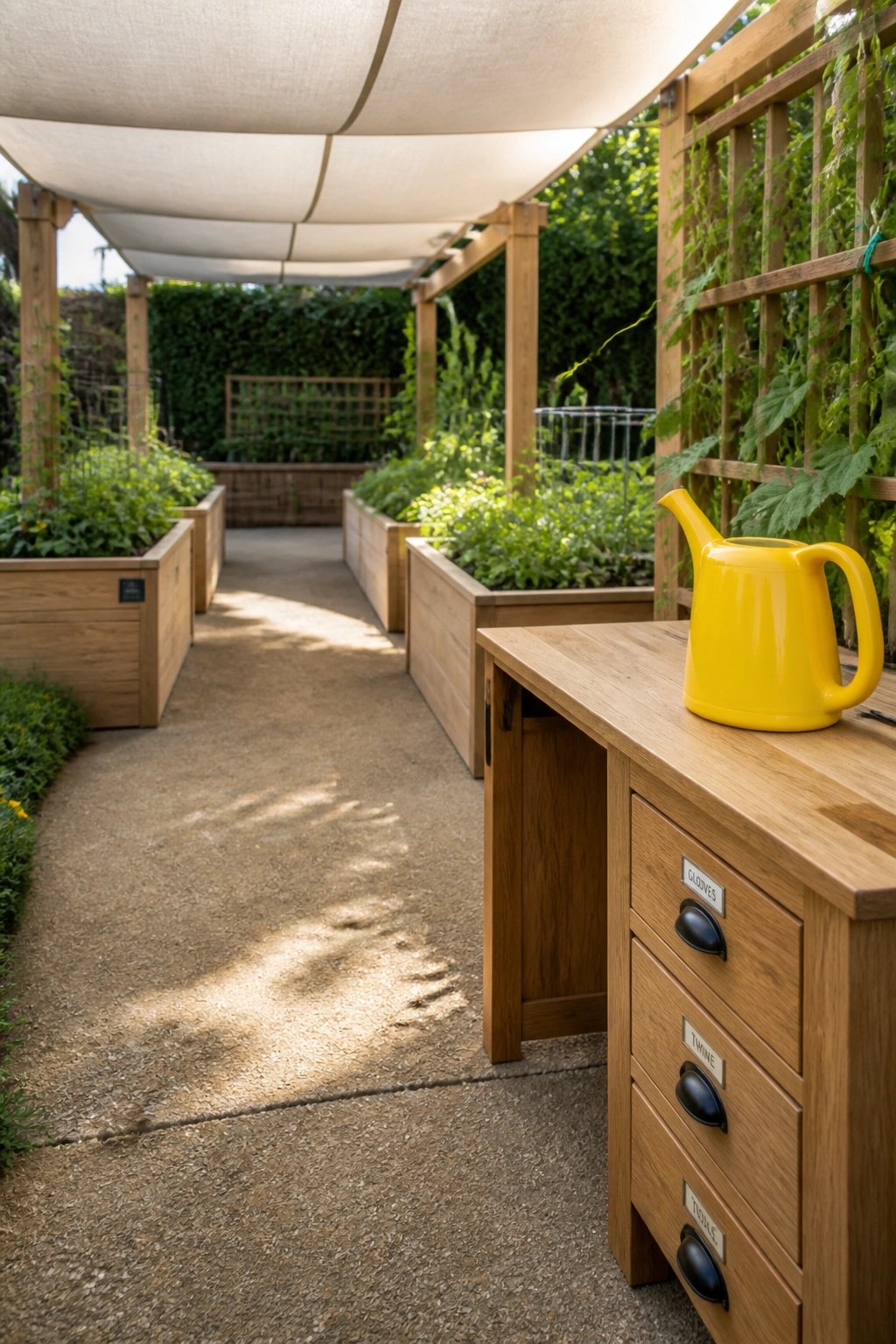 Yellow watering can on wooden potting bench with labeled drawers in garden