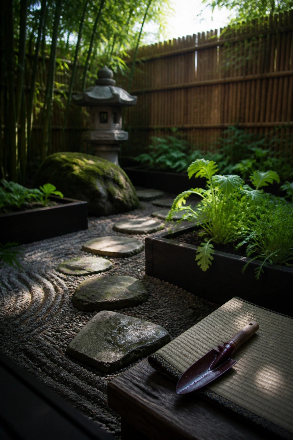 A garden with dark wooden raised beds along a gravel path lined with stepping stones and a stone lantern visible in the background.