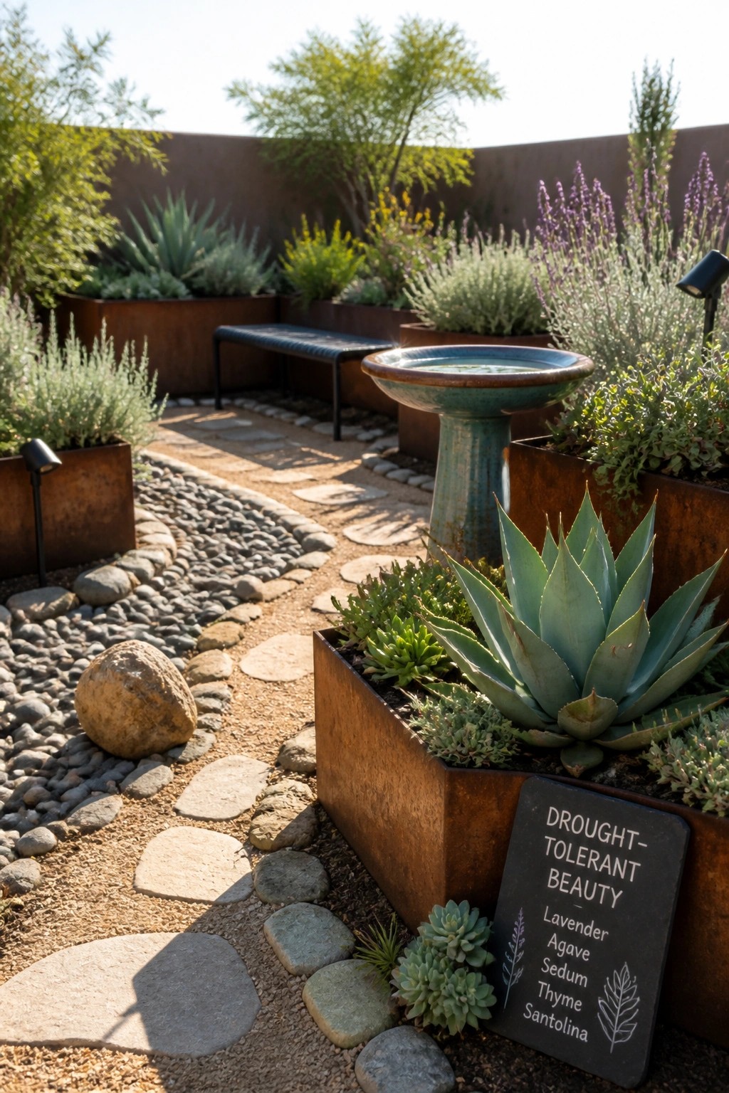 A backyard garden with rusted metal raised beds holding succulents and drought-tolerant plants, a stone path, and a sign listing plant names.