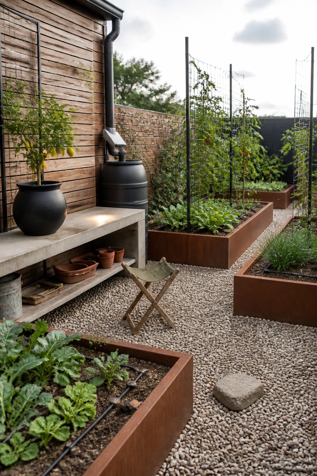 A backyard garden with multiple rectangular rust-colored raised beds filled with vegetables, set on a gravel surface with wooden trellises and a black rain barrel against a wooden wall.