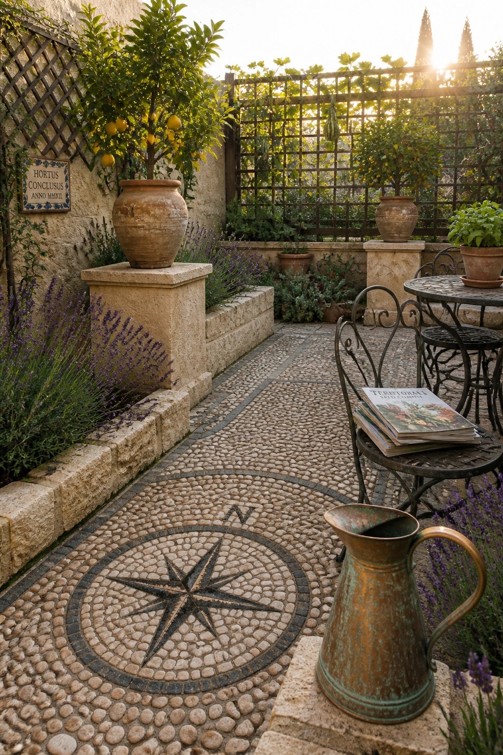 A garden courtyard with a cobblestone path featuring a compass rose mosaic, lavender plants along low stone walls, and large terracotta pots with citrus trees placed on raised stone pedestals.
