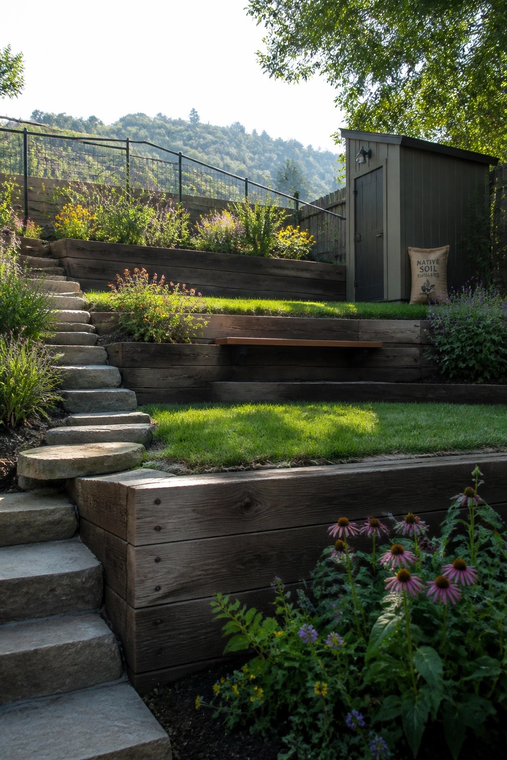 Multi-level wooden raised garden beds with stone steps on a sloped backyard, including flowering plants, grass areas, and a garden shed.