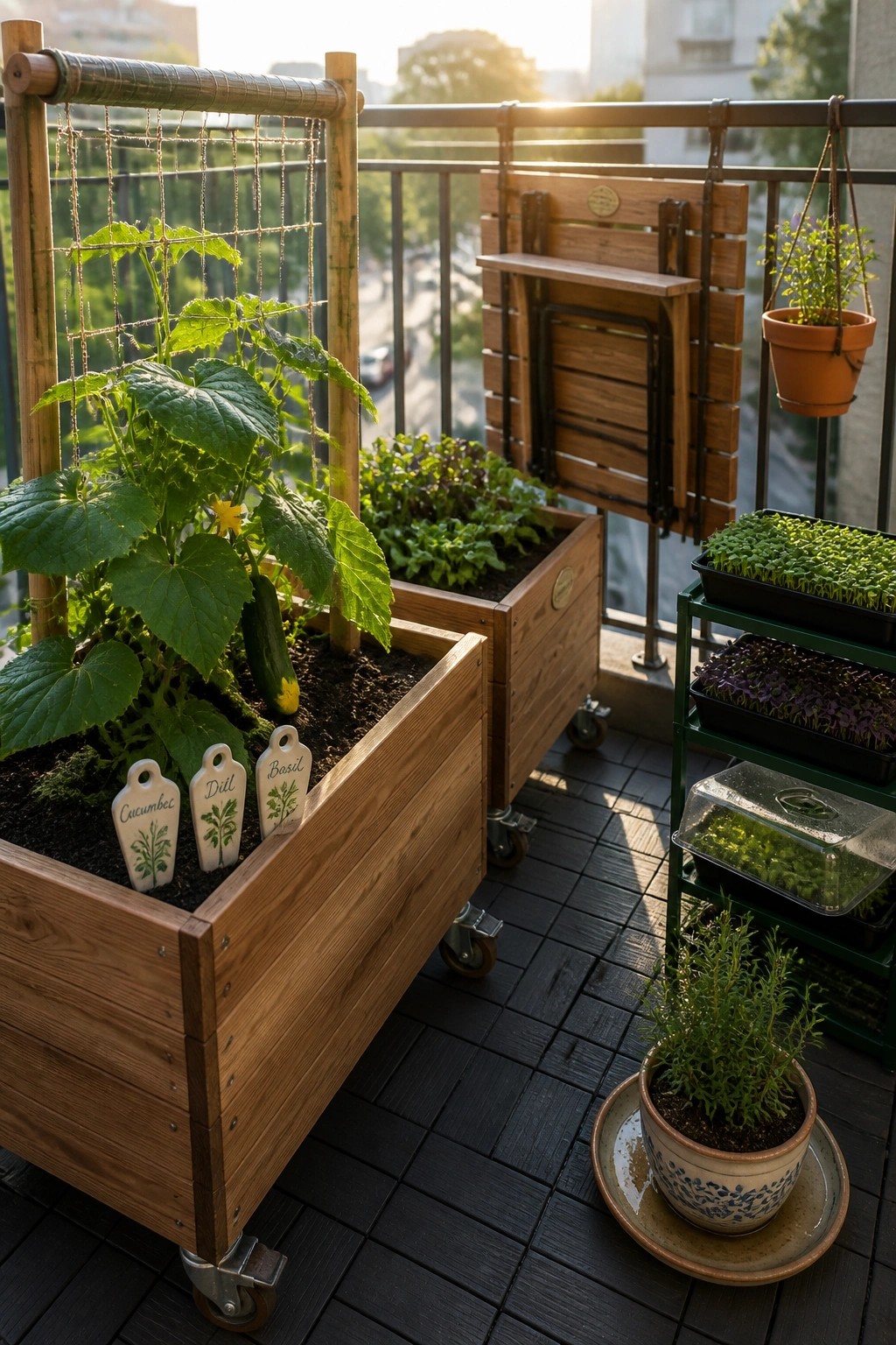 Wooden raised garden beds on wheels sit on a balcony with climbing plants on a trellis and trays of seedlings nearby.