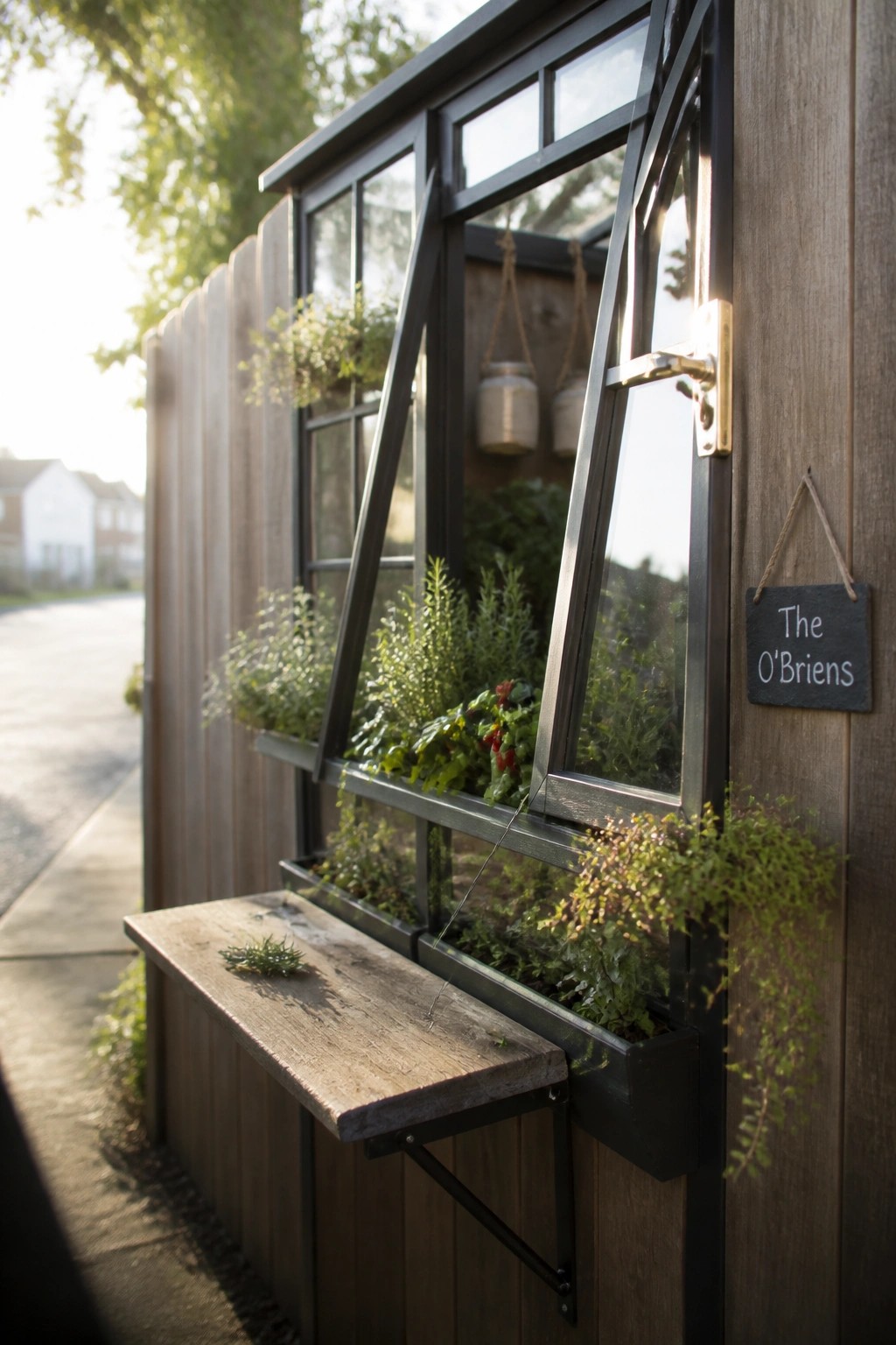 A wooden exterior wall with a black-framed greenhouse window unit, open panes showing hanging pots and plants inside, a hinged wooden bench folded down, and a small chalkboard sign.