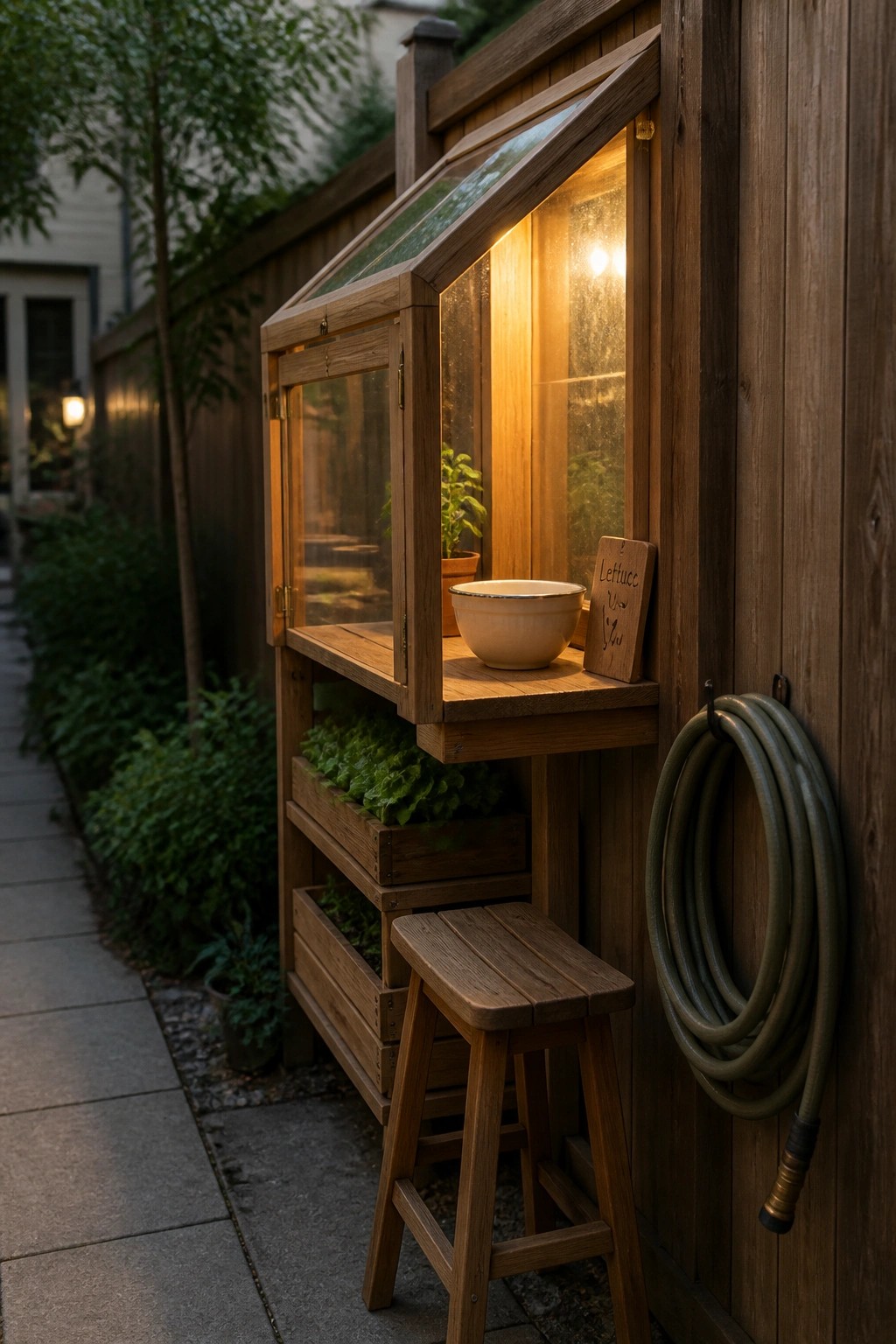 A wooden greenhouse cabinet with glass doors and internal lighting is mounted against a fence, with a wooden stool in front and plants visible on the shelves.
