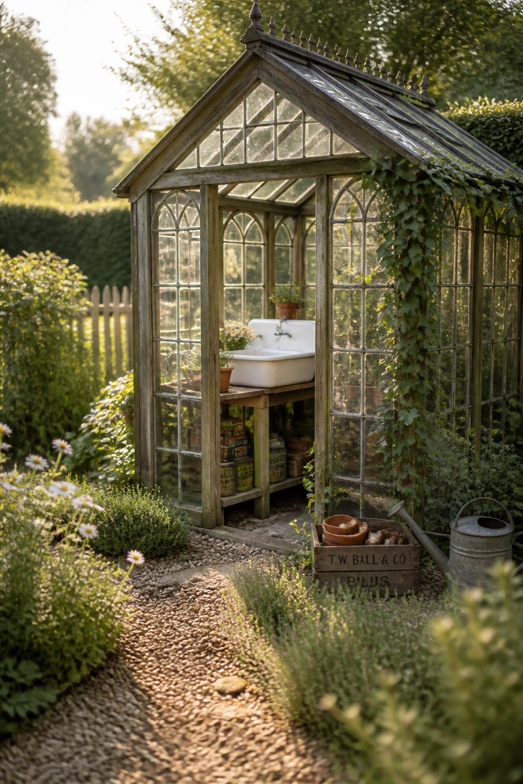 A small wooden greenhouse with glass panels and a white sink inside, set in a garden with gravel paths, potted plants, and climbing vines.