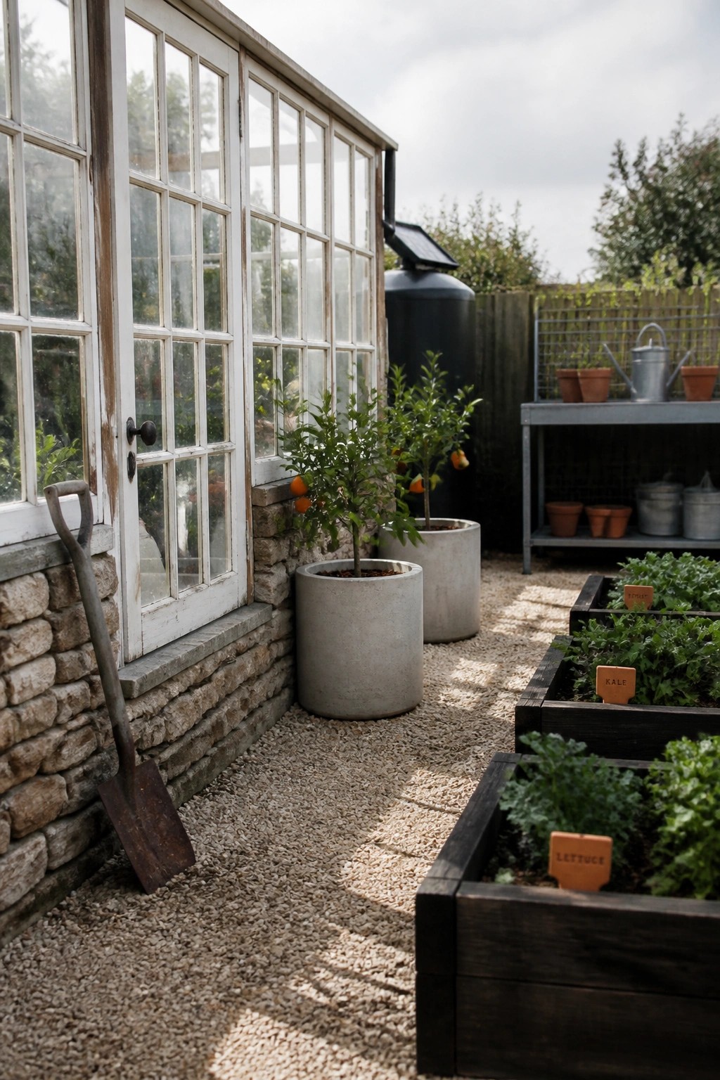 A white-framed greenhouse attached to a stone wall beside raised wooden beds and potted citrus trees on gravel.