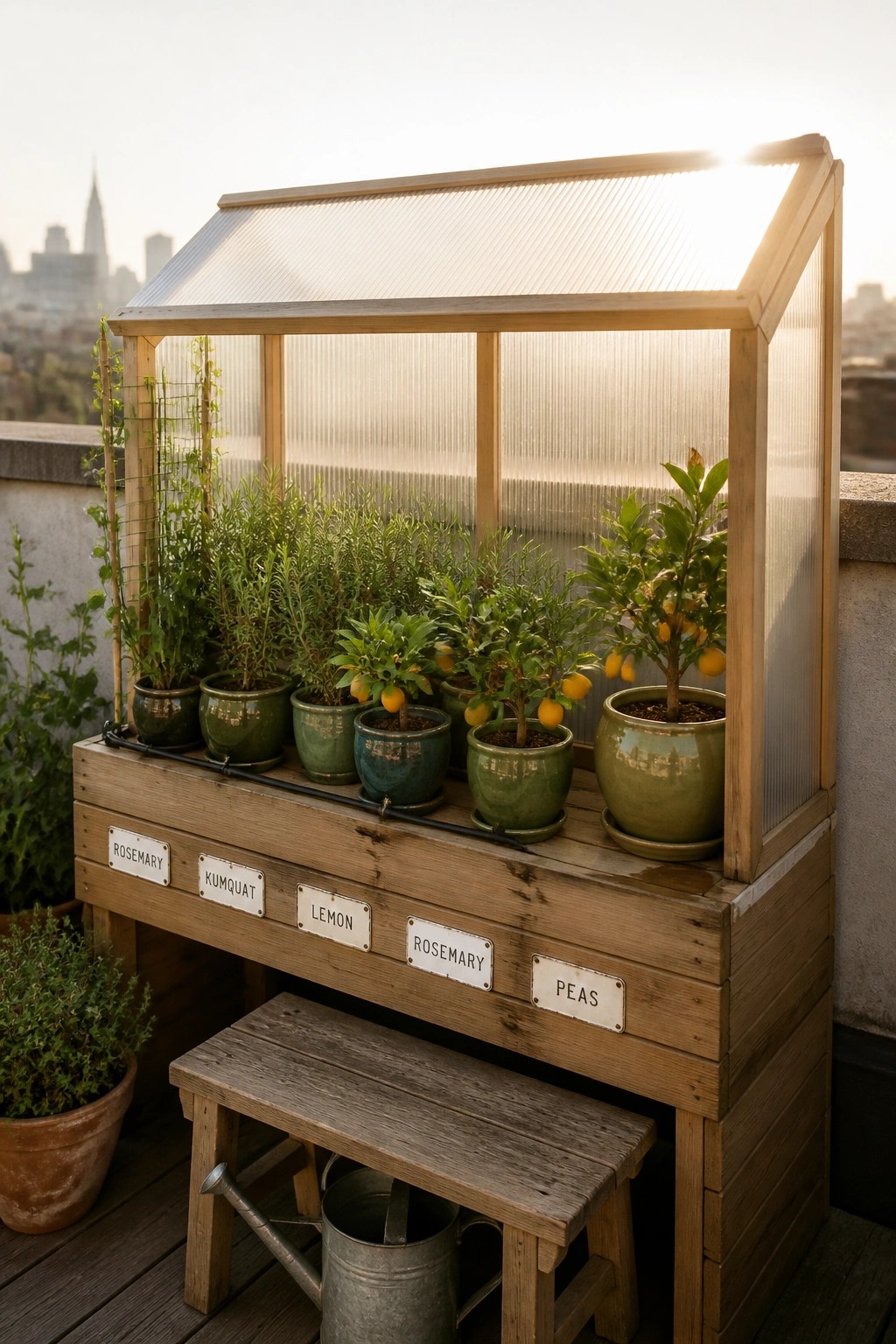 A small wooden-framed greenhouse with potted herbs and citrus trees sits on a bench on a rooftop deck, with plant labels and a wooden stool holding a watering can in the foreground.
