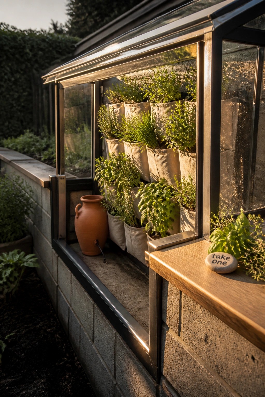 A small greenhouse with rows of beige fabric wall pockets holding green plants and herbs, next to a terracotta pot on the floor.