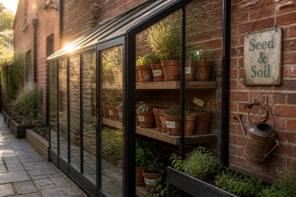 22 Smart Small Greenhouse Ideas for Compact Yards and Side Gardens A black-framed lean-to greenhouse with multiple wooden shelves holding potted plants, attached to a brick wall beside a copper watering can and a seed and soil sign.