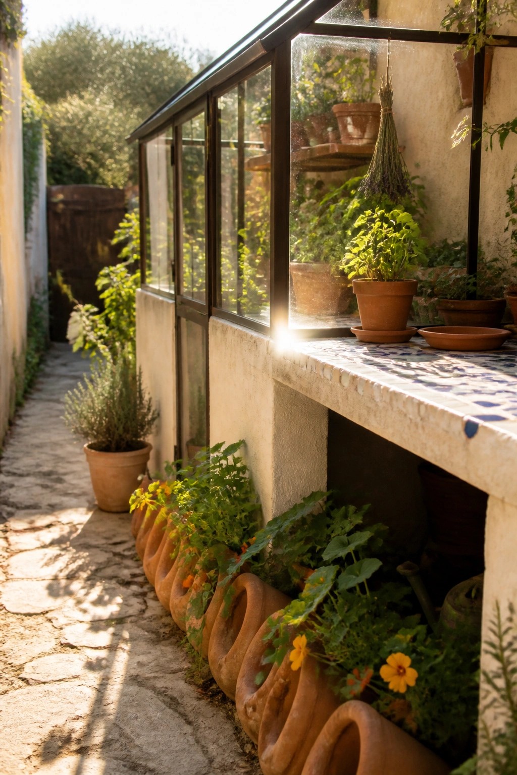 Sunlit stone path lined with terracotta pots beside a greenhouse window.
