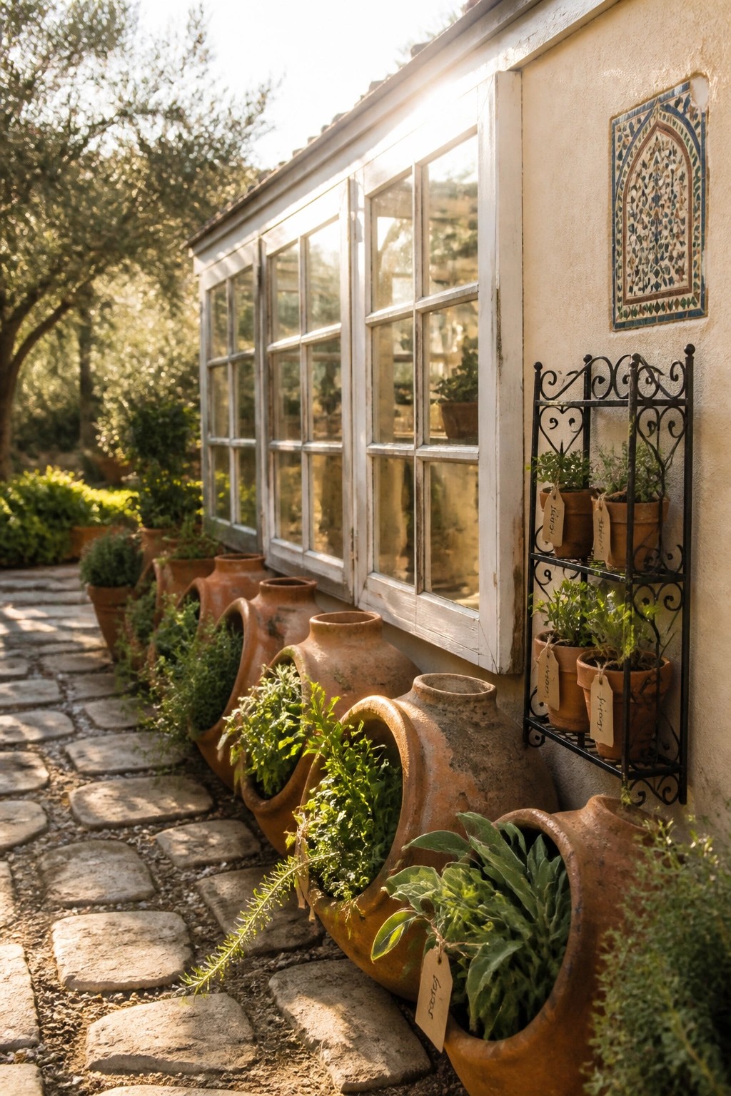 A row of large terracotta pots with plants lines the base of a white-framed greenhouse beside a stone path, with a black metal rack holding smaller pots on the adjacent wall.