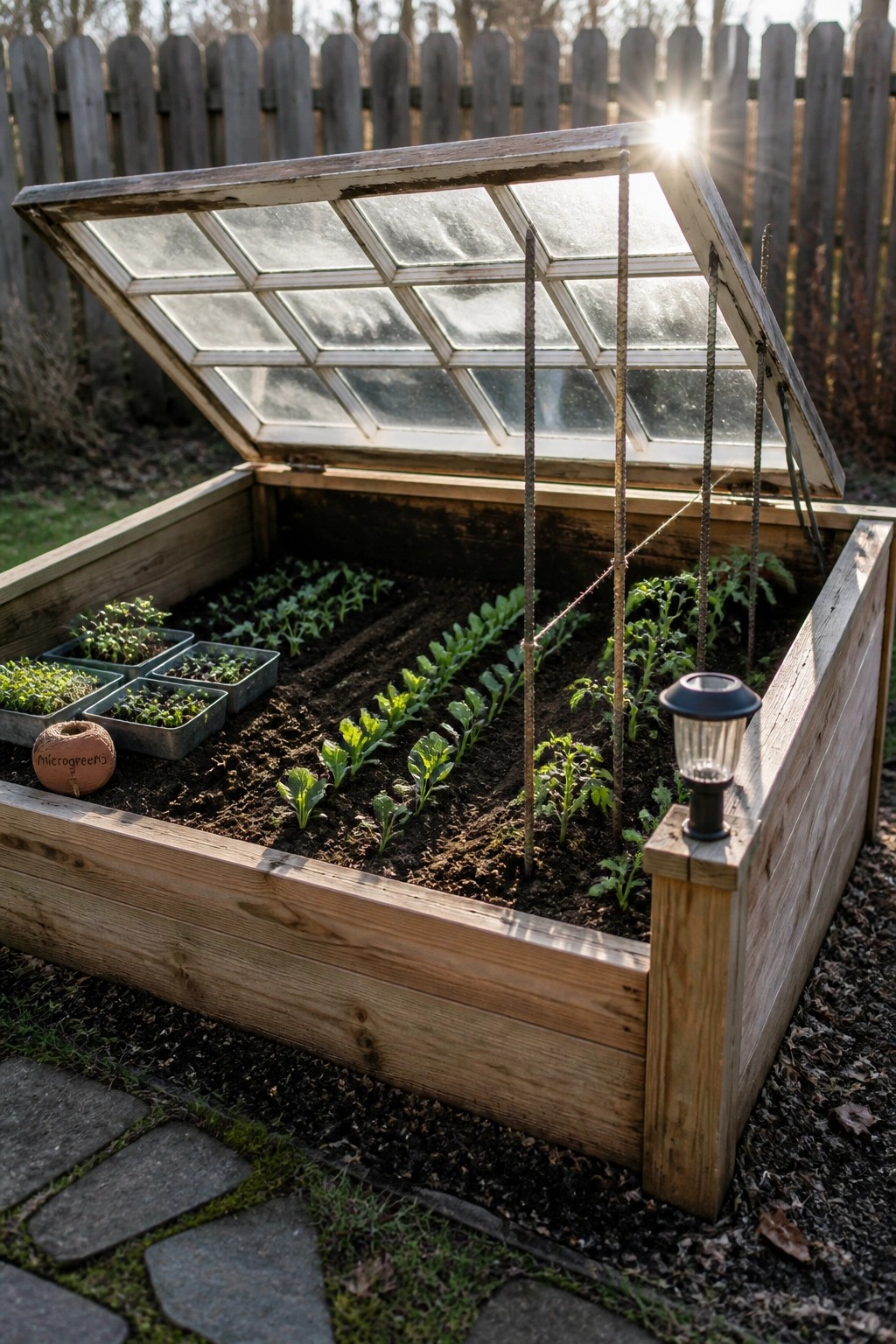 A wooden raised garden bed with an open multi-pane glass lid, showing rows of young plants and plastic seedling trays inside.