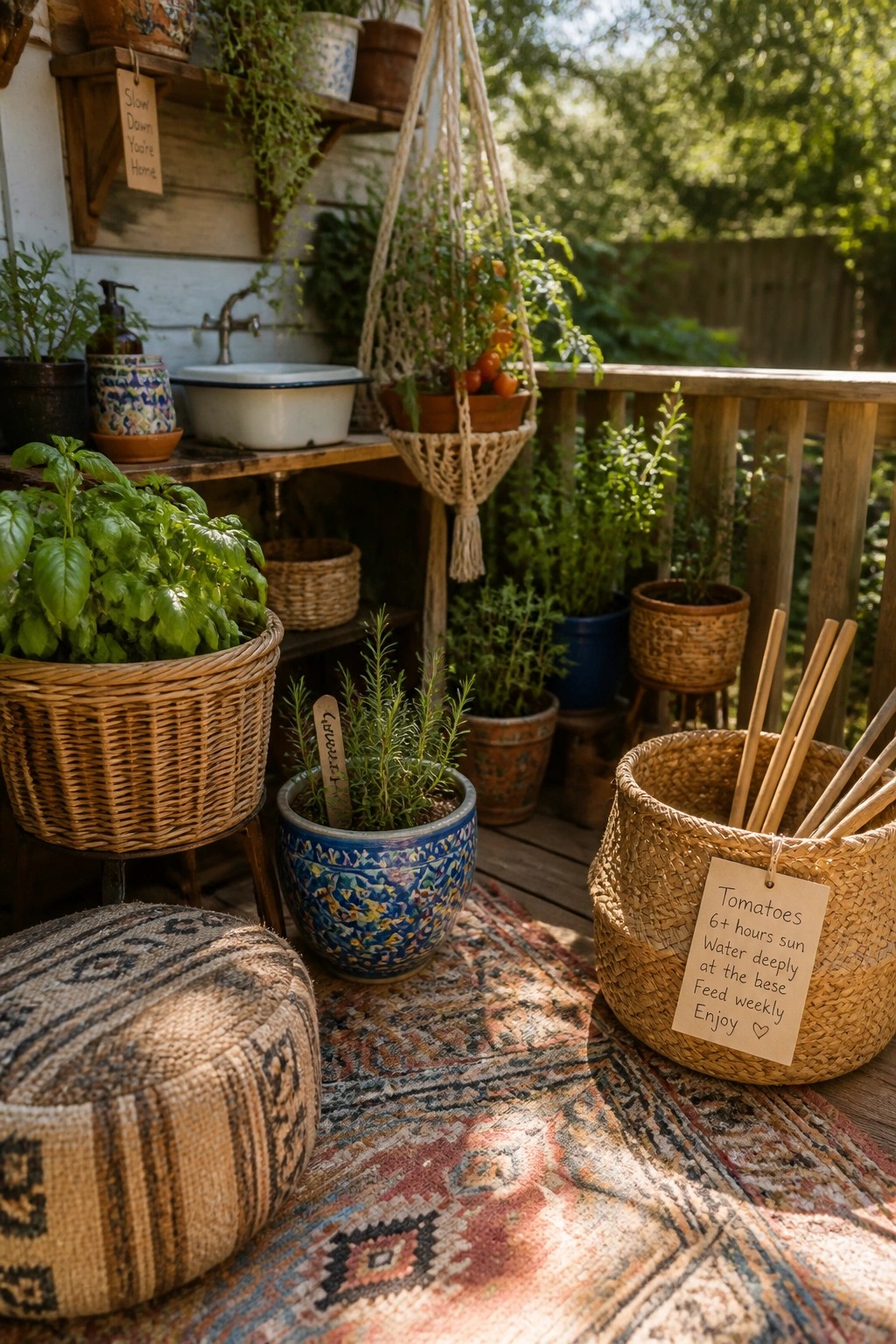 A wooden deck setup with tomato plants in hanging macrame holders and woven baskets, plus potted herbs on a patterned rug.