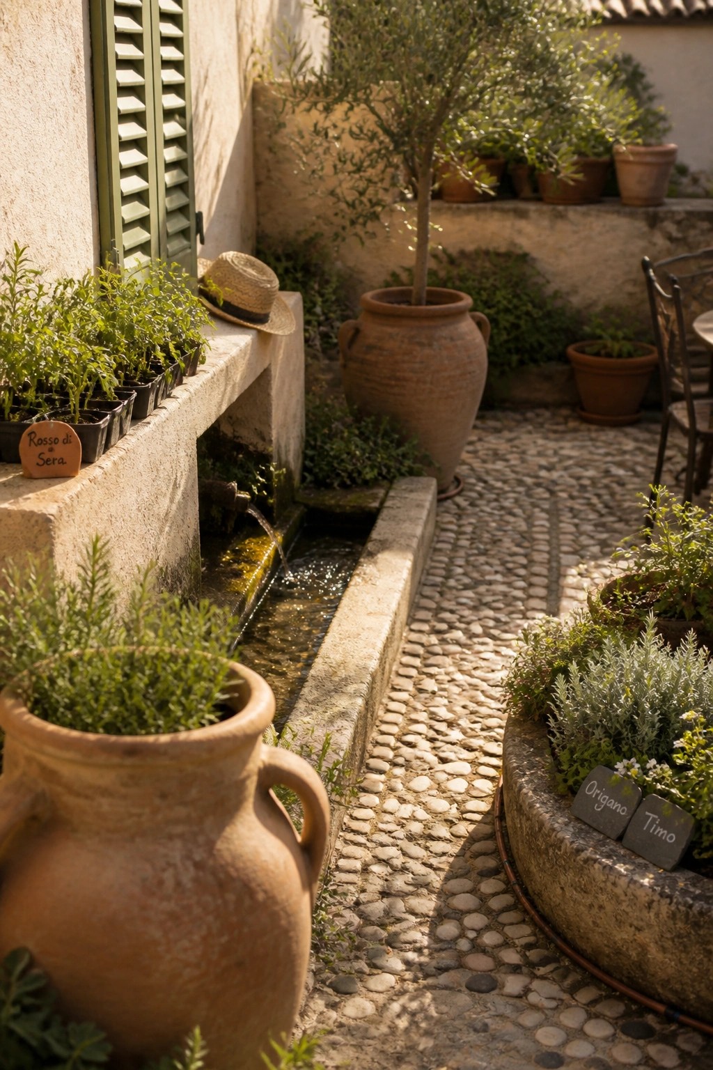 A stone ledge holds rows of small black pots with young plants beside a cobblestone path with a narrow water channel and larger terracotta pots nearby.