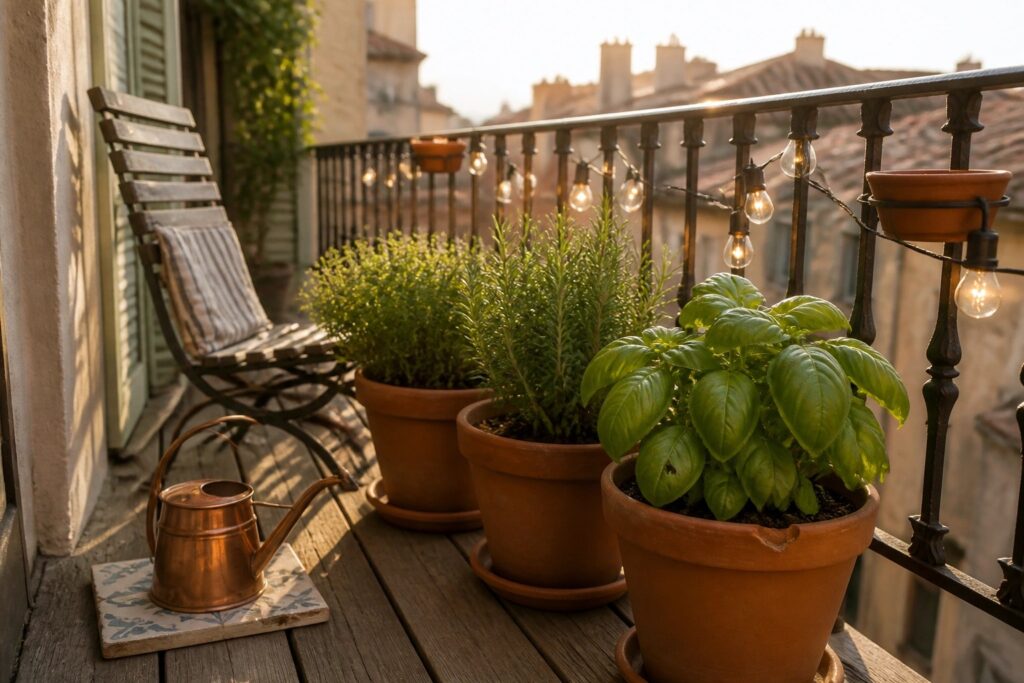 21 Beginner-Friendly Herb Garden Ideas in Pots for Small Spaces A balcony with terracotta pots of herbs attached to a metal railing and placed on the wooden floor, next to a copper watering can and string lights.