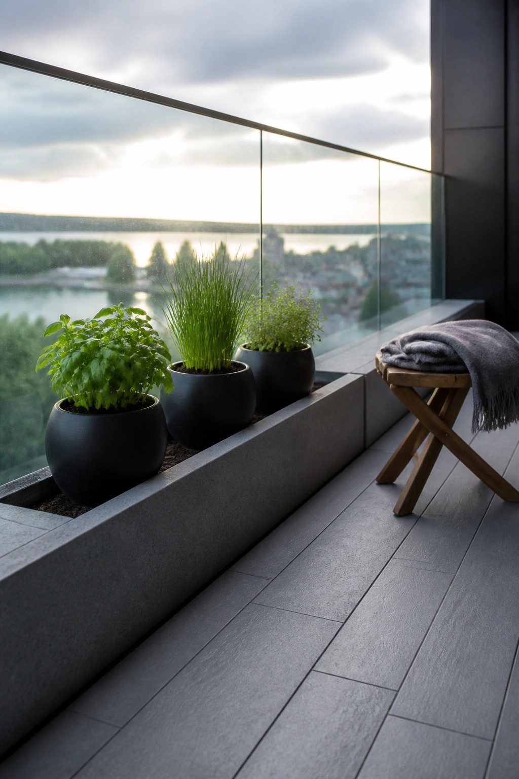 Three herb plants in black pots sit inside a long concrete trough on a balcony with a glass railing.