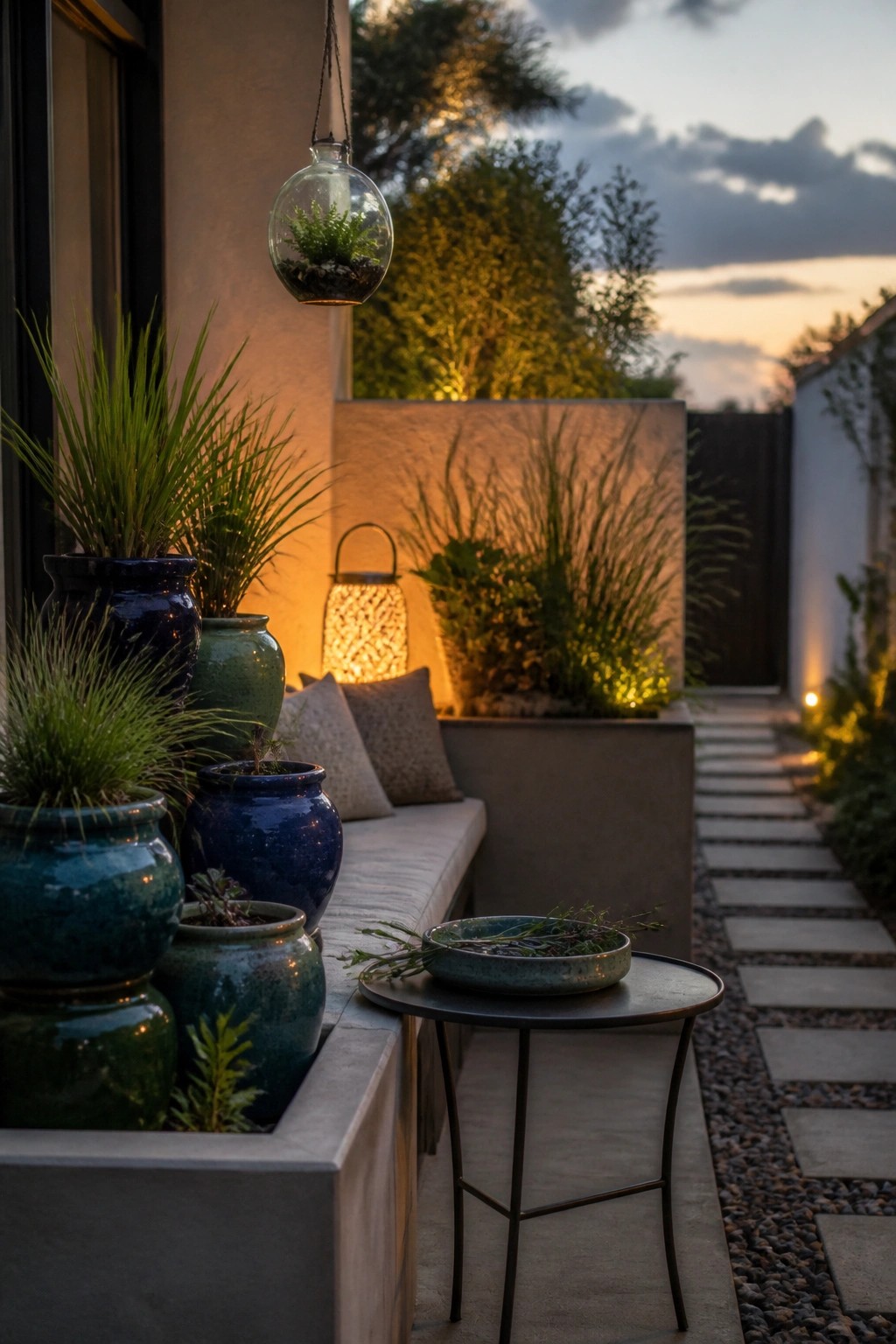 A small patio at dusk shows a built-in concrete bench lined with blue and green ceramic pots holding tall grasses, a round metal table with a shallow dish, and a hanging glass terrarium.