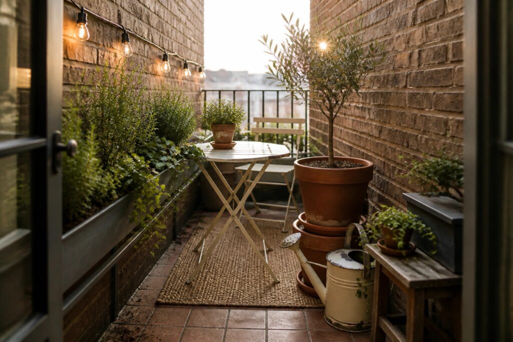 22 Clever Small Space Container Gardening Ideas for Compact Patios Cozy brick balcony with pale bistro set, potted plants, string lights, and watering can.