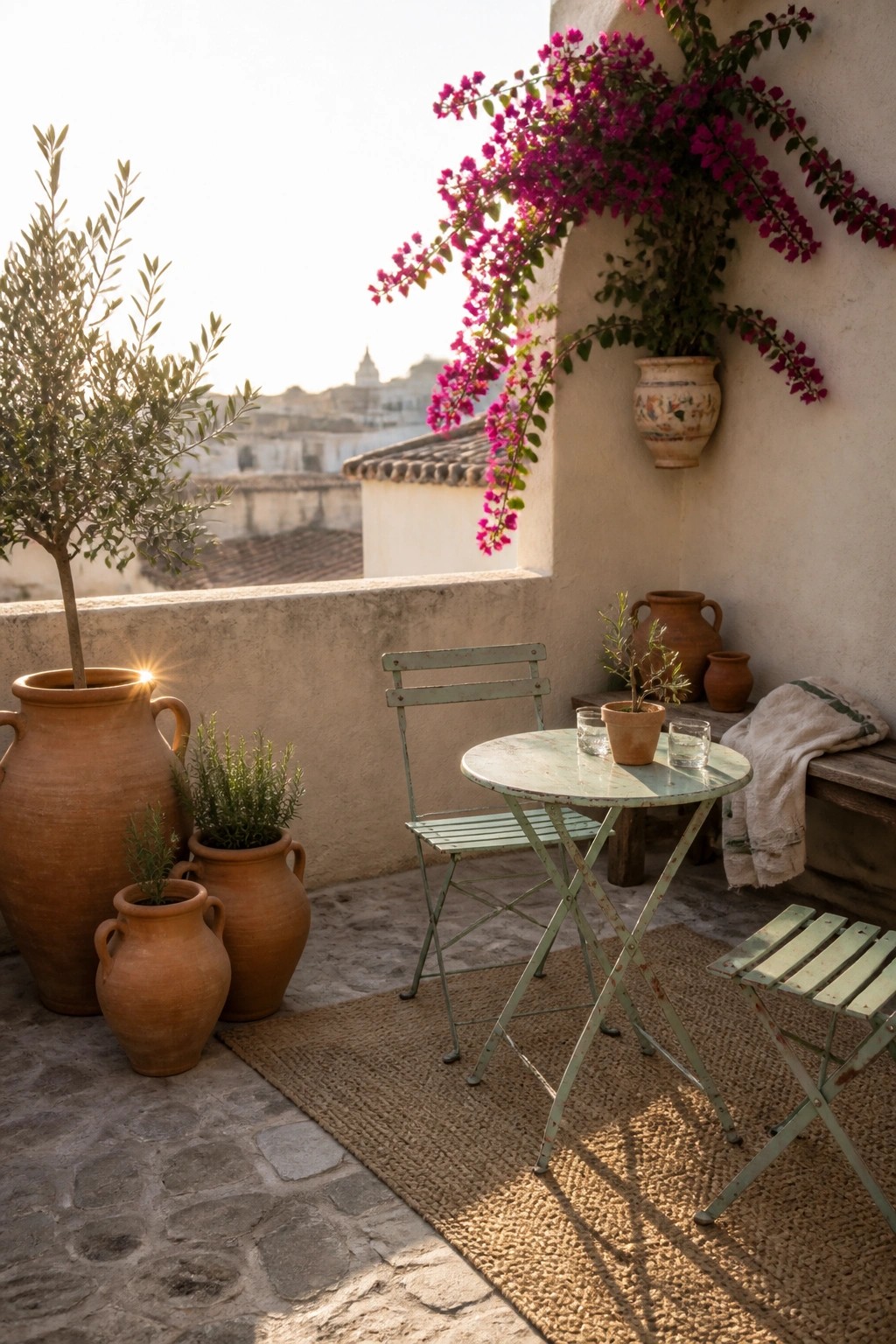 A small patio with a round table and two chairs on a woven rug, surrounded by several terracotta pots of varying sizes holding green plants, with bougainvillea climbing the wall.